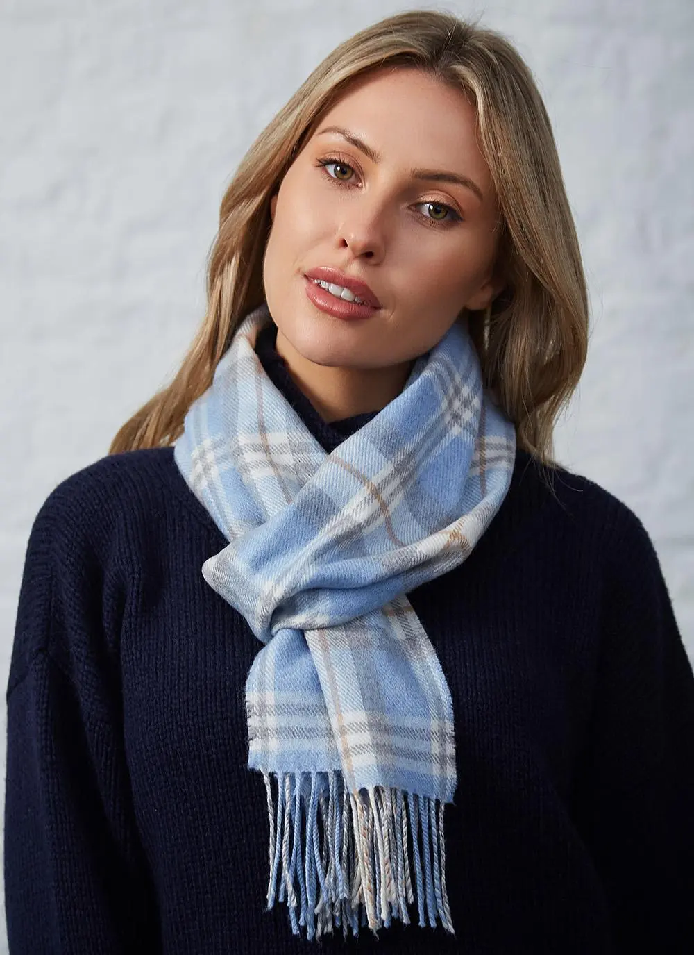 Extra Fine Merino Wool Fringed Check Scarf 